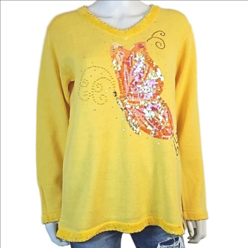 NWT The Quacker Factory Ramie Cotton Knit Yellow Sequined Butterfly Sweater